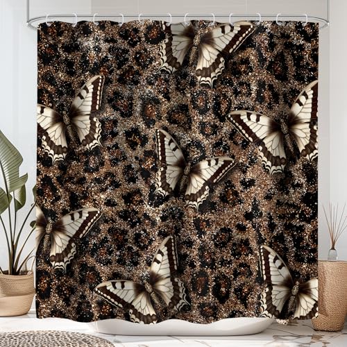 Cheetah Print Shower Curtain 60x72 Retro Butterfly Bathroom Decor