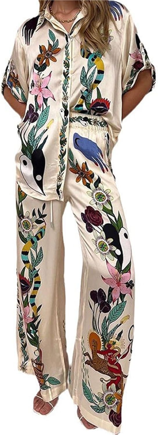 Womens Summer 2 Piece Outfits Floral Printed Button Down Shirts Wide Leg Pants Matching Sets Beach Vacation Clothes
