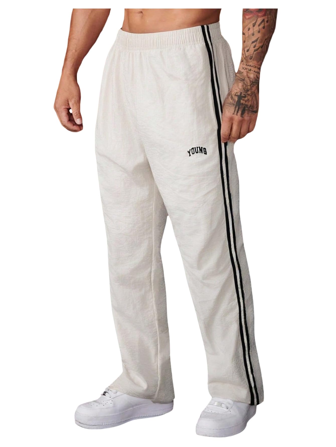 GORGLITTER Mens Letter Print Striped Baggy Workout Sweatpants Straight Leg Elastic Waist Track Trousers