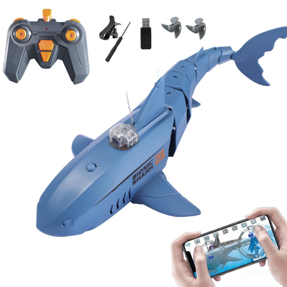 Tiburón teledirigido de 2,4 GHz con cámara APP, barco de tiburón impermeable con doble motor, rotación de 360° y batería recargable, juguete acuático de verano para piscina y lago (azul)
