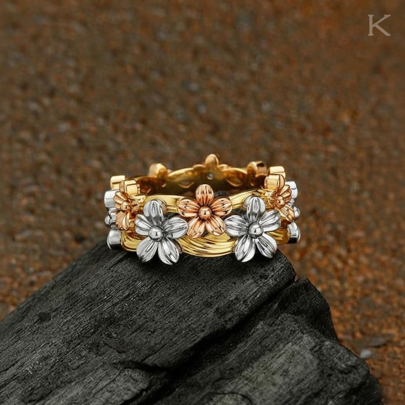 Image of KISNA 9KT / 14KT / 18KT Eternal Bloom Tri Tone Yellow Gold Band For Women | S14