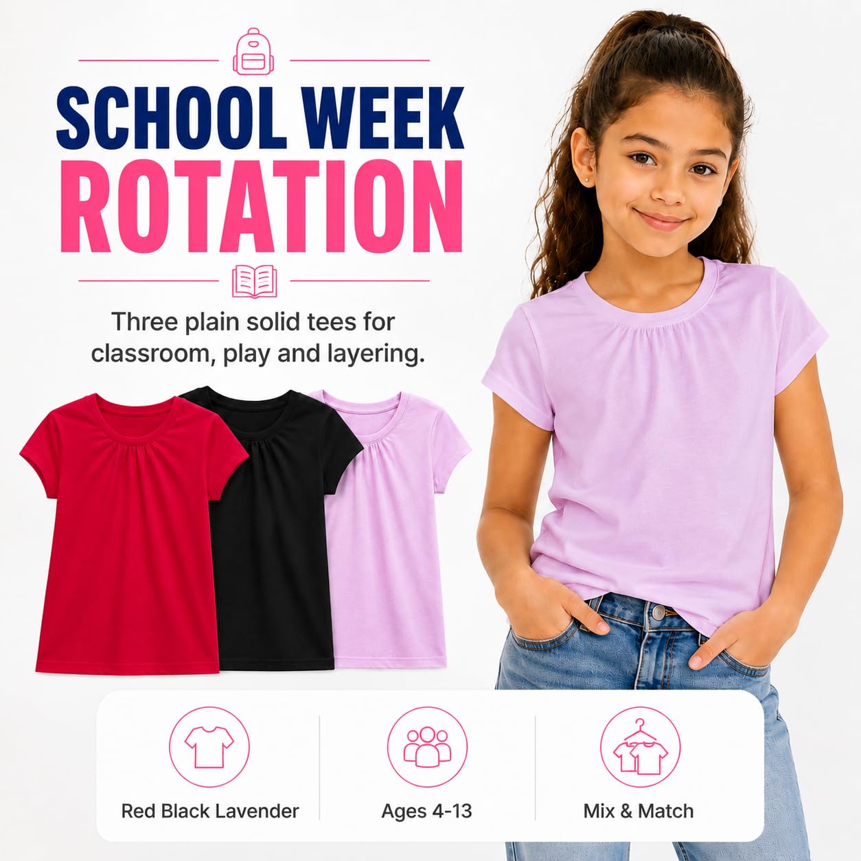 Bienzoe Girls Short Sleeve T-Shirt: Kids Aged 4-13 Cute Crewneck tee 3pcs Pack - Breathable Tops for Beach Trip Outdoor Play