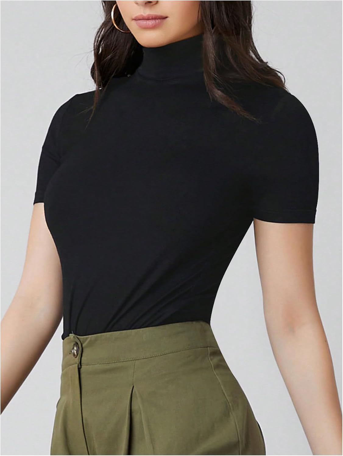 WDIRARA Women's High Neck T Shirts Short Sleeve Fitted Tees Base Layer Tops - Image 3