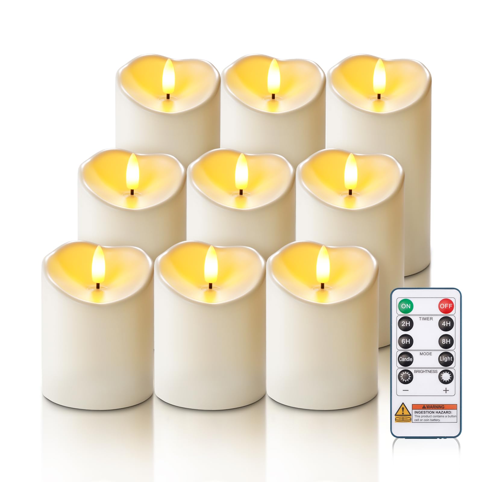 Homemory 9Pack Outdoor Waterproof Flameless Candles, LED Candles, Battery Operated Candles with Remote and Timers, Electric Fake Plastic Pillar Candles, Ivory White, 3"x4"4" 4" 5" 5" 5" 6" 6" 6"