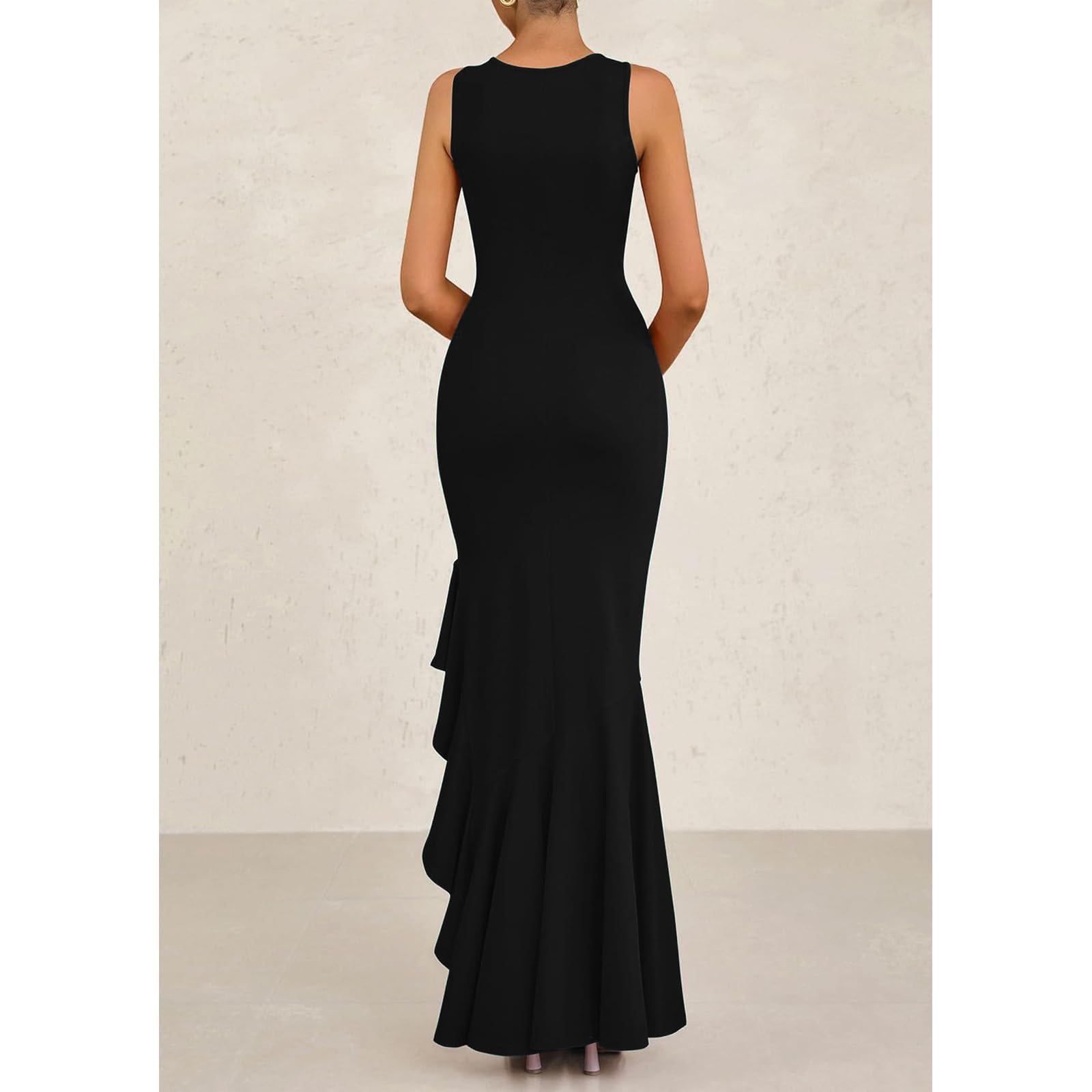 Damen Abendkleid Elegant Ballkleid Lange Rüsche Schlitz Meerjungfrau Bodycon Kleid Hochzeit Festlich Hi-Lo Sexy Partykleid Maxi Ärmellose Cocktailkleid Brautjunferkleid