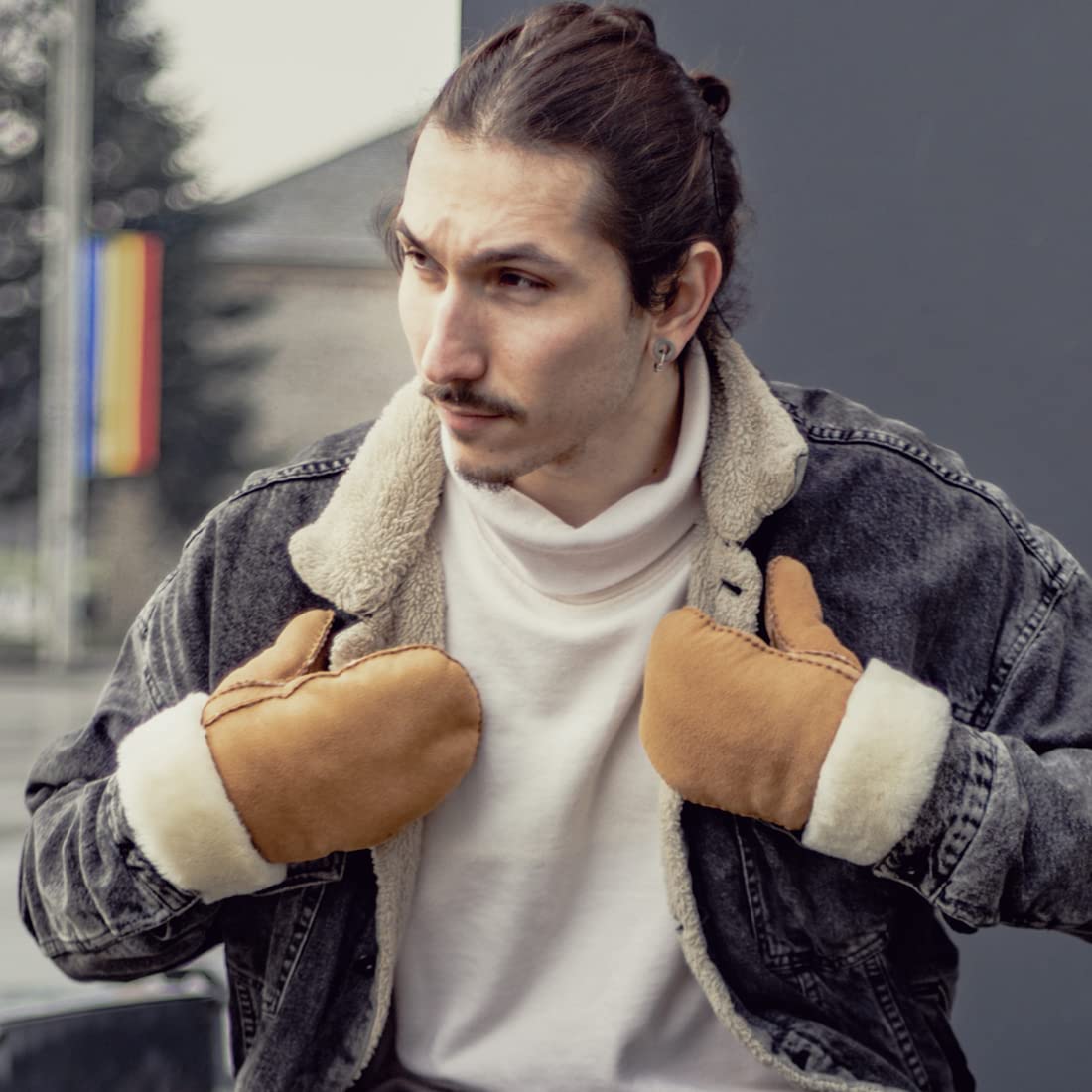 Harssidanzar Guanti in pelle degli uomo,vera pelle scamosciata in pelle di pecora Shearling Guanti in pelliccia Cuff KM044EU