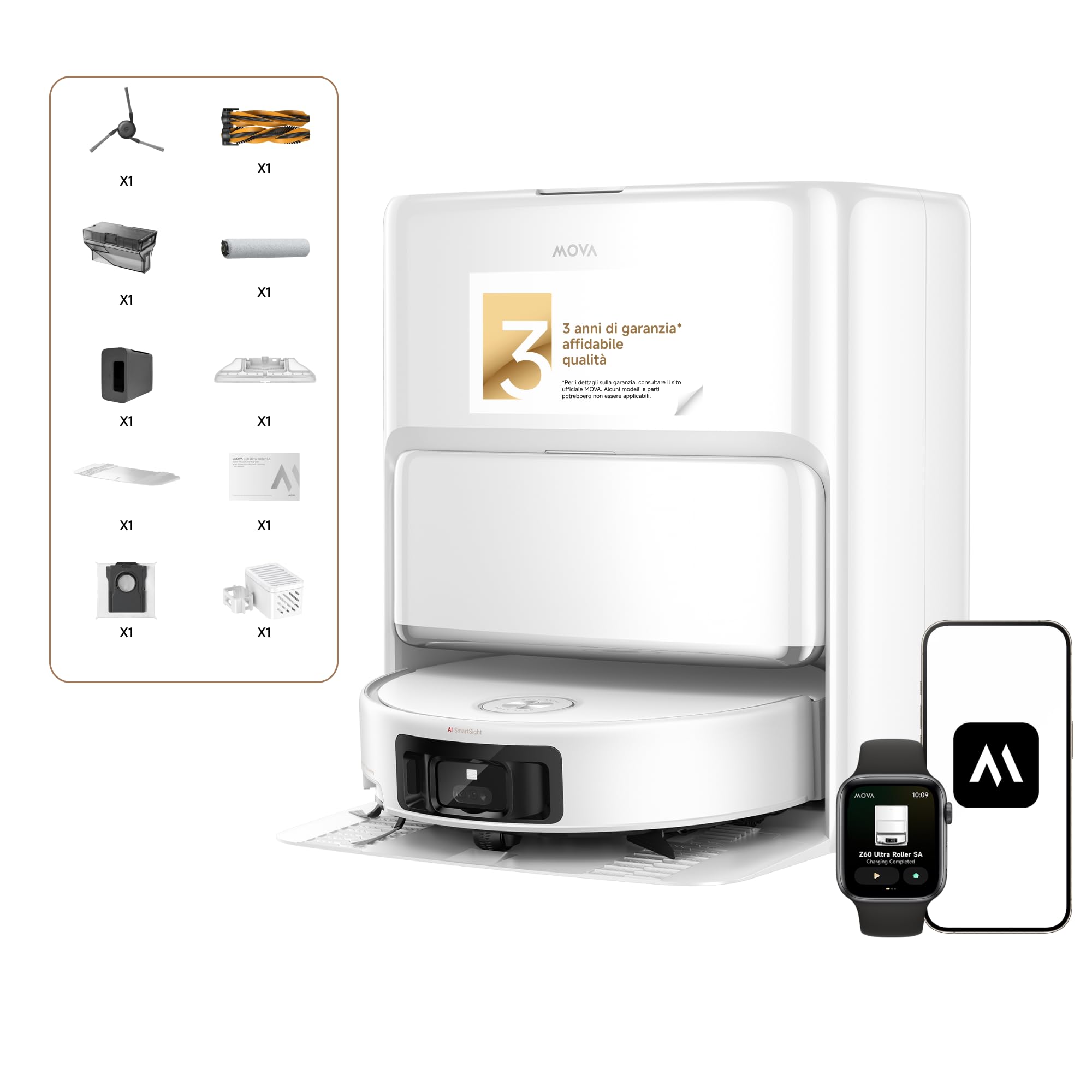 Mova Z60 Ultra Roller Standalone Robot Aspirapolvere, 26000 Pa, Lavaggio HydroForce, Tecnologia MaxiReach e AutoShield, Radar Sollevabile FlexScope, Triplo Meccanismo Antigroviglio