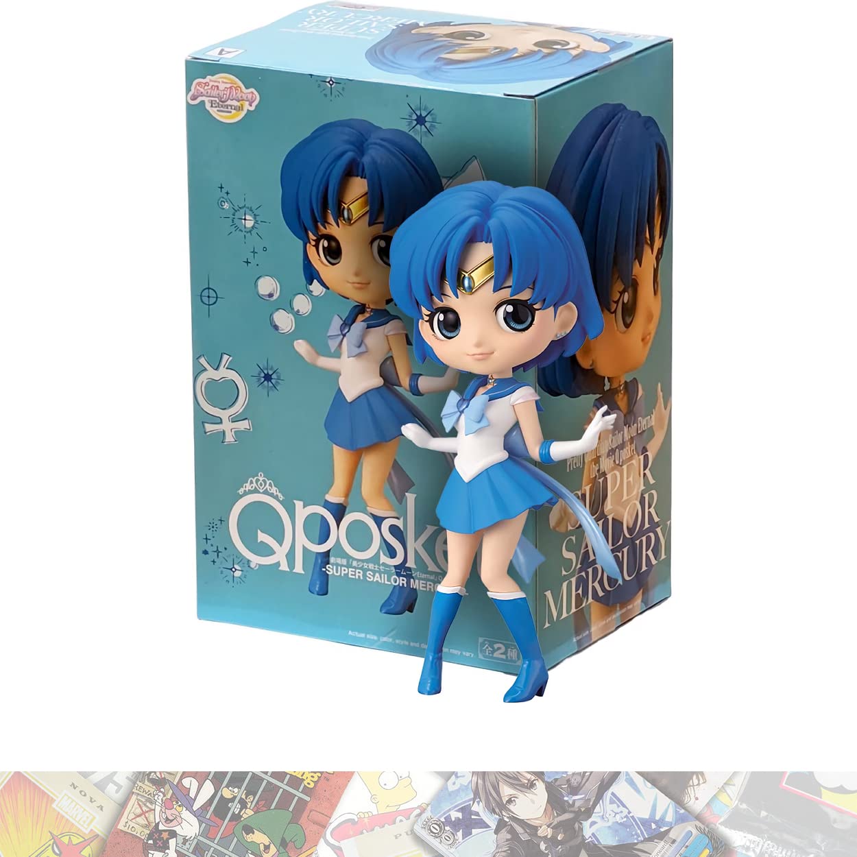 BANPRESTO Super Sailor Mercury [A]: 14cm Q Posket Mini Statue Figurine Bundled with 1 A.C.G. Compatible Theme Trading Card (16722)