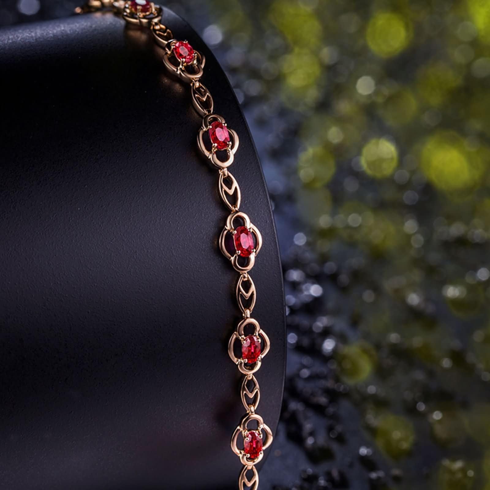 Pulseras de Mujer de Oro Rosa de 9 Kilates / 14 Kilates / 18 Kilates, Hueco y Oval con Rubí y Diamante, Cadena Extensible 16 CM + 5 CM, Pulseras de Mujer Ajustable de Oro Rosa