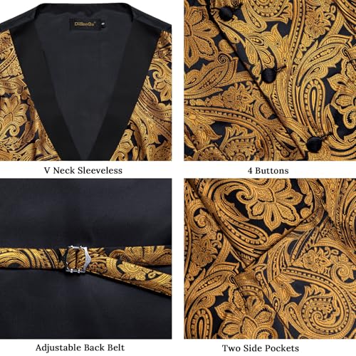 Image of DiBanGu Mens Paisley Suit Vest Silk Jacquard Waistcoat and Necktie Set Formal Shawl Collar Dress Vest 7PCS for Wedding Party