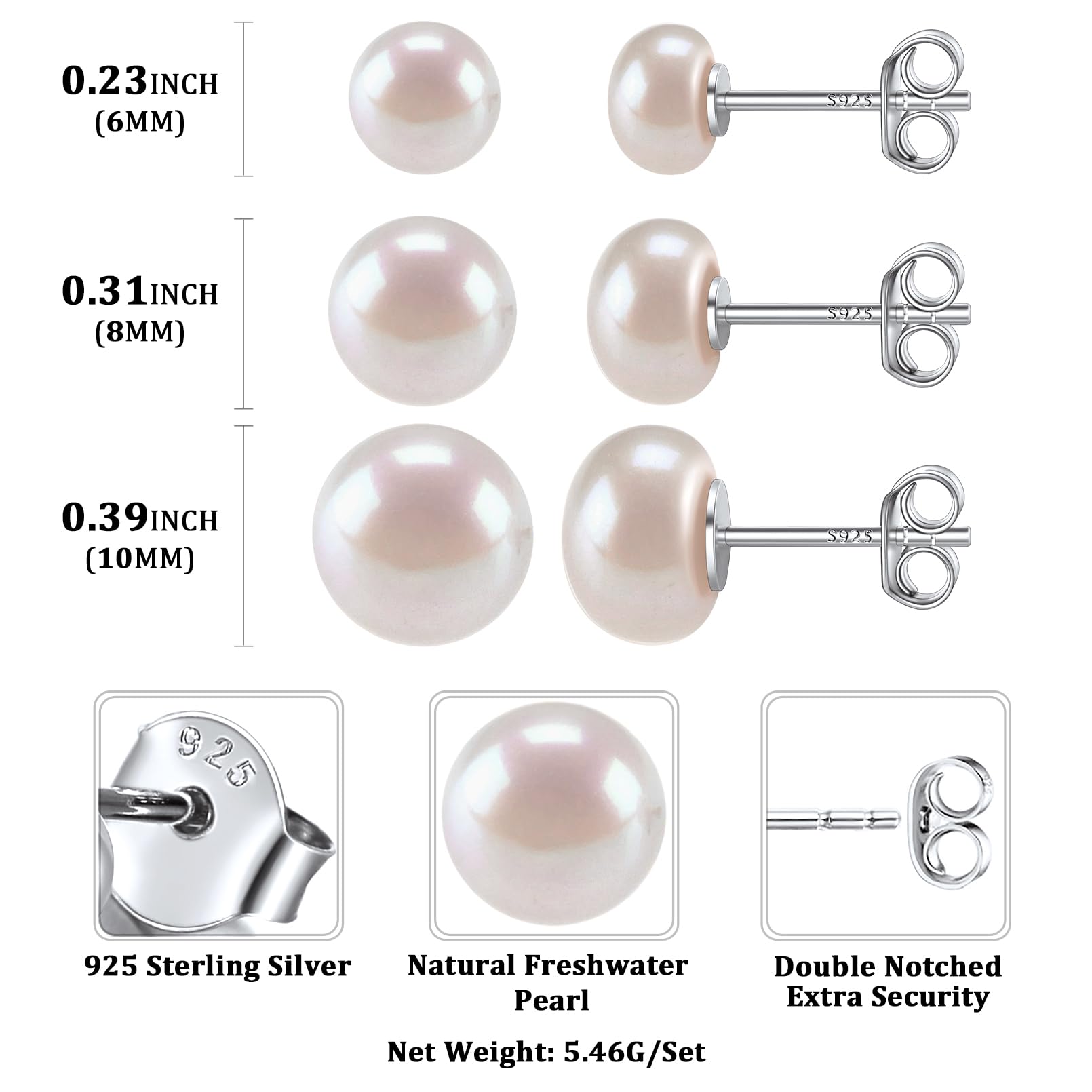 ChicSilver Damen Paar Ohrstecker Süßwasser Zuchtperlen Weiß Silber Perlenohrstecker Mädchen Ohrstecker Set 4mm/6mm/8mm/10mm für Valentinstag Muttertag Weihnachten