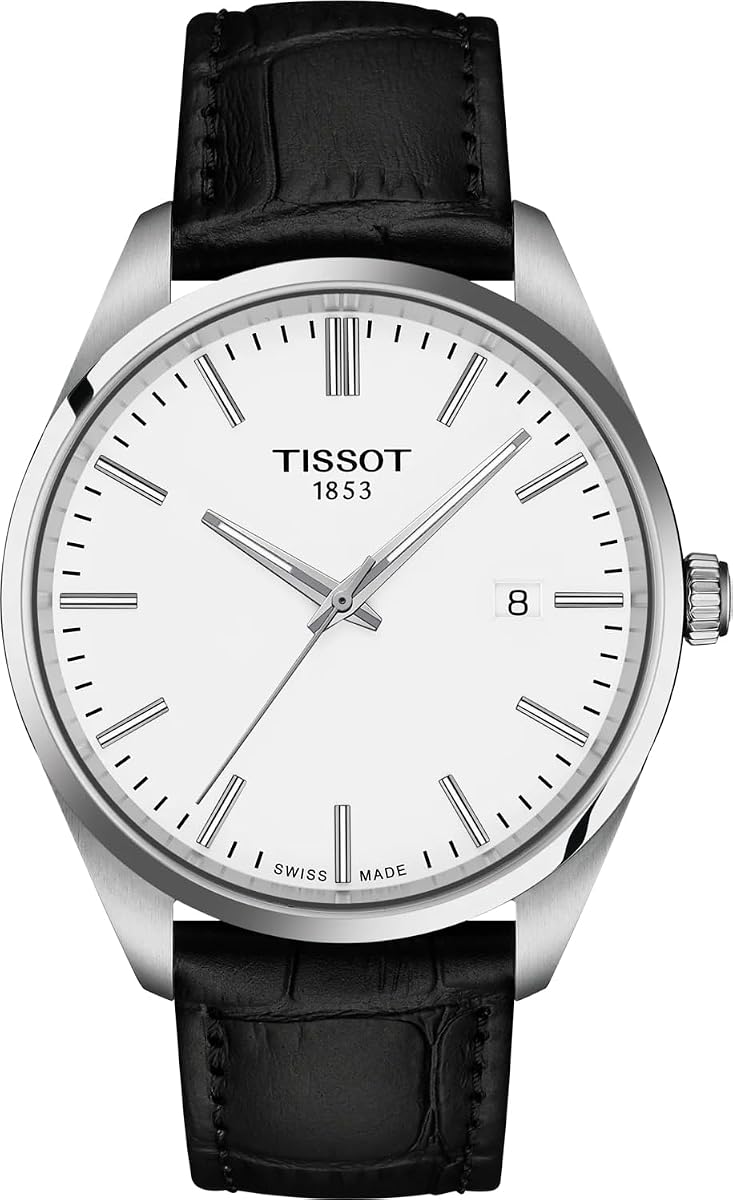 PR 100 Quartz 40mm, Swiss Quartz Watch for Men, Stainless Steel Case, Black Leather Strap, T1504101601100