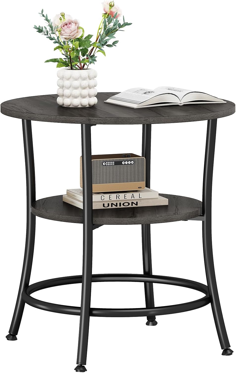 DUMOS Side Round Table for Living Room, 2-Tier Accent End Table with Storage Shelf,Sturdy Metal Frame Nightstand for Small Space, Round Bedside, Grey Wood Grain