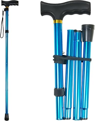 Miniatura 13 de Bastón plegable, altura ajustable de 5 niveles, ligero, portátil, plegable, bastones para caminar con correa para la muñeca y mango en T para