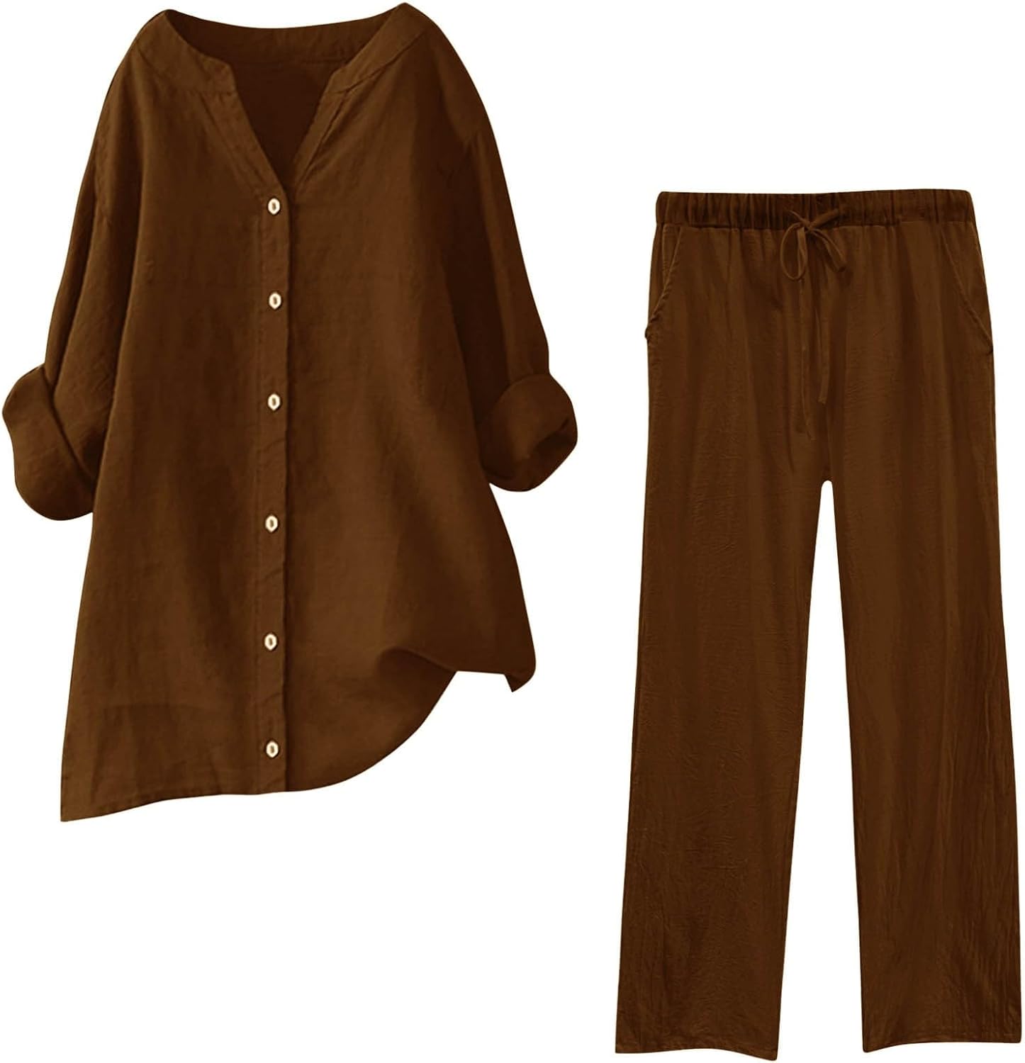 uhnmki Trendy Women's Trousers Suit Two Piece Clothing Set Blouse Pockets Elastic Pants Casual V Neck Shirt Fashionable
