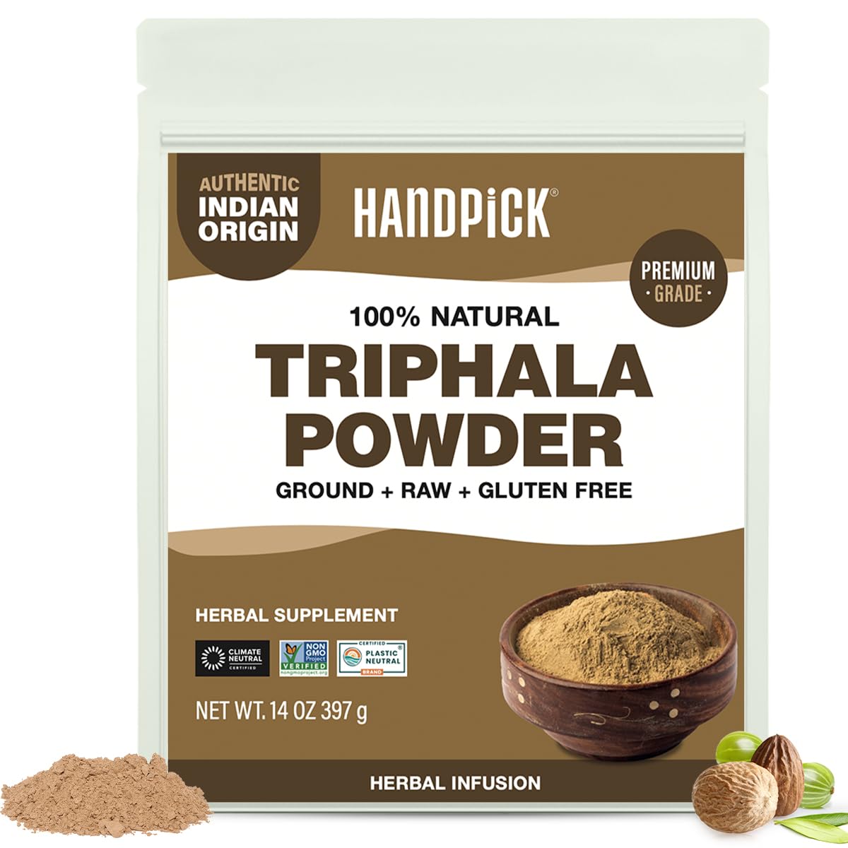 Triphala Powder (397g/14oz) Non GMO, Gluten Free, 100% Raw, Sourced from India, Herbal Formula of Amla, Haritaki, Bibhitaki, Packed in Resealable Zip Lock Pouch