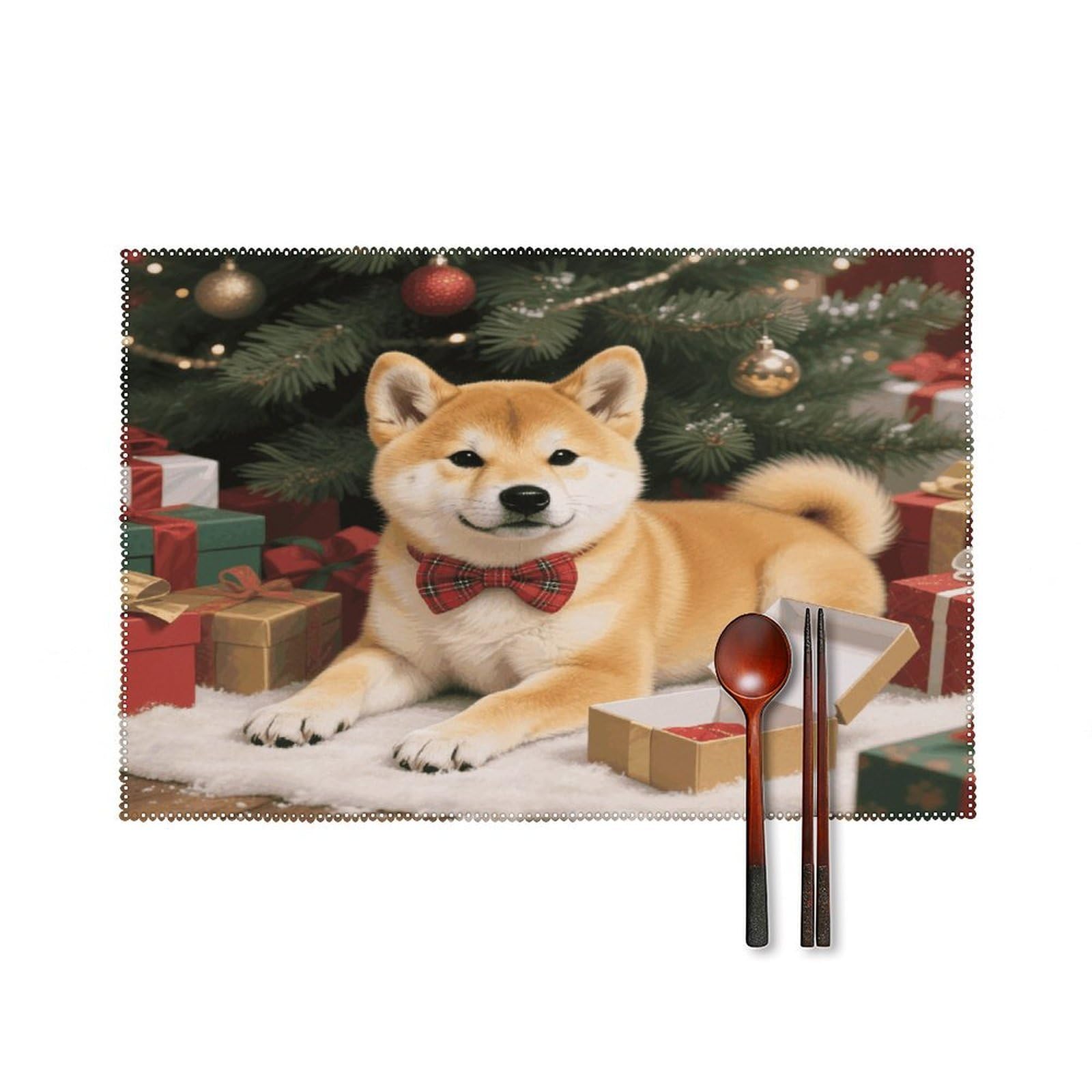Christmas Shiba Placemats Set of 4 Heat Resistant Non-Slip Place Mats for Dining Table Washable Placemat Wipeable Dining Table Mat Canvas Place Mats Dining Table Decor