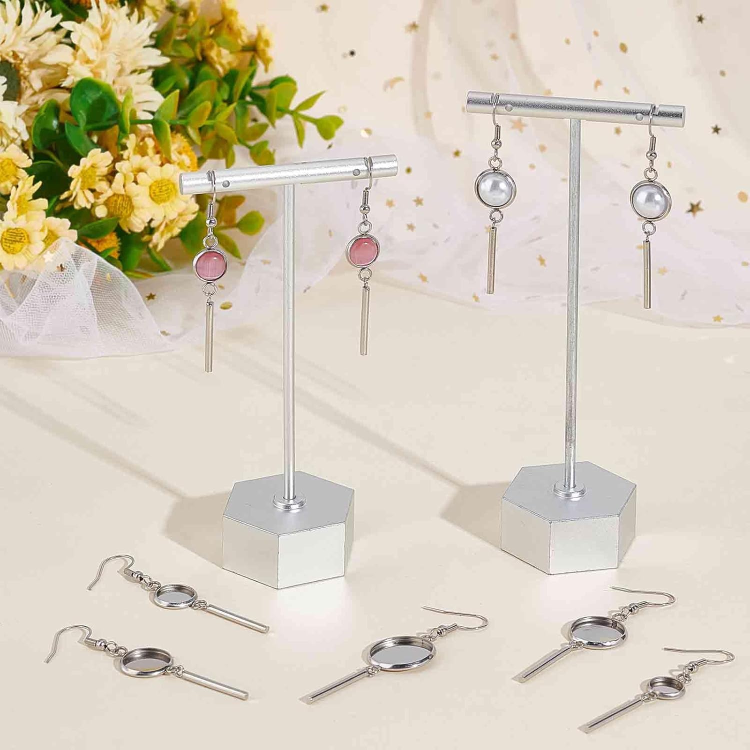 SUNNYCLUE 1 Box 20Pcs Cabochons Earring Blank Stainless Steel Bezel Trays Flat Round Cabochon Bezels Tray Fit 8.5/10/12/14/16mm Domes with Earring Hooks Bar Charms for Jewelry Making Kit - Image 4