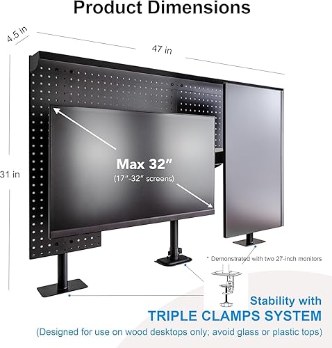 Miniatura 3 de Tablero de clavijas de escritorio con 2 soportes para monitor y estantes de almacenamiento, soporte de acero para monitor de 47 x 31 pulgadas,