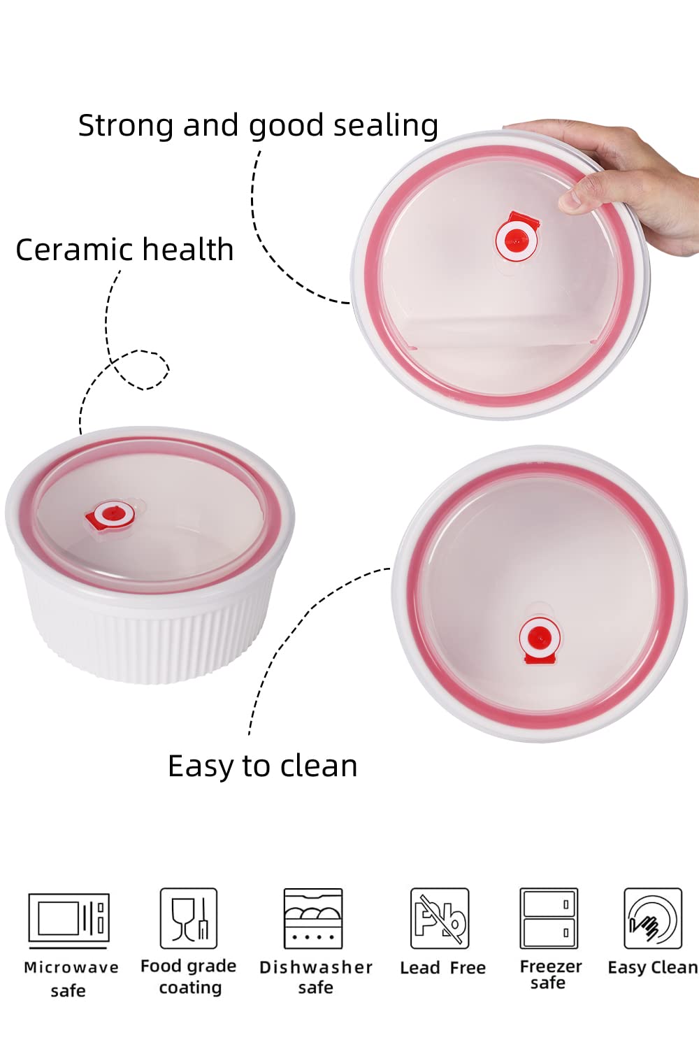 Ramequines de 64 onzas con tapas, 1 unidad, platos de porcelana para soufle, crema brulee, pudín, tazas de natillas y cuencos para hornear, aptos para horno, blanco (8 pulgadas)