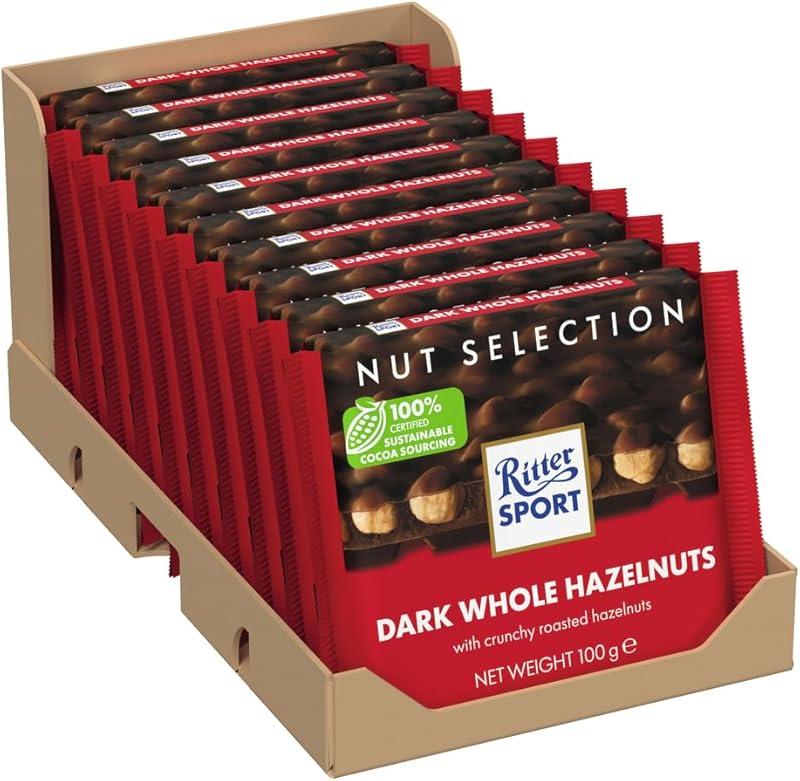 RITTER SPORT- Noir Noisettes Entières- Tablette 100 g, Chocolat Noir -A emporter partout-Boite de 10