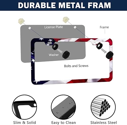 Miniatura 3 de LIN KANG - 2 marcos para placa, con diseño de las franjas de la bandera estadounidense, patrióticos, universales, de aluminio, acabado mate y