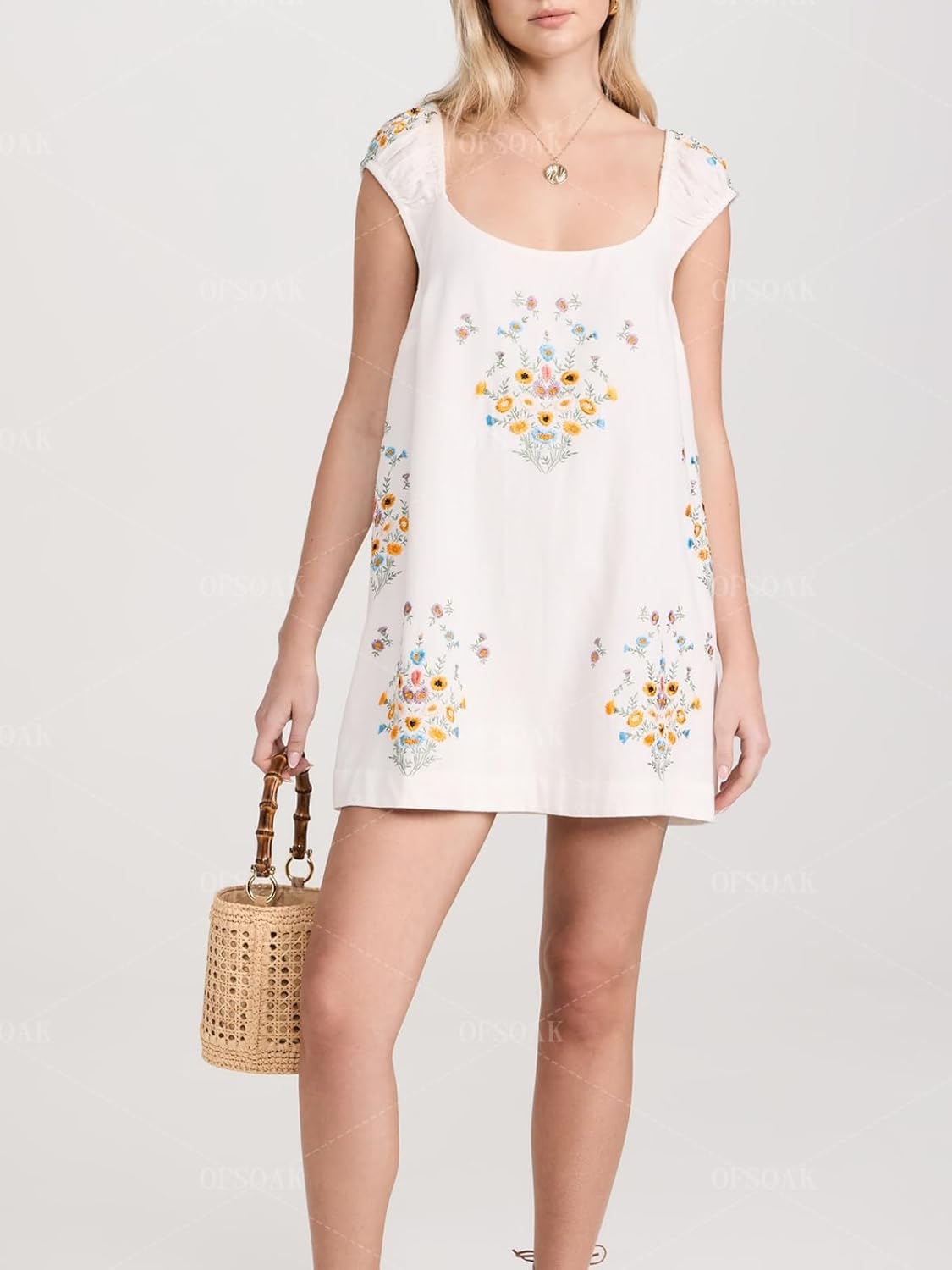 Women Floral Embroidered Linen Short Dress Boho Summer Babydoll Dress Sleeveless Cotton Beach Mini Sundresses - Image 5