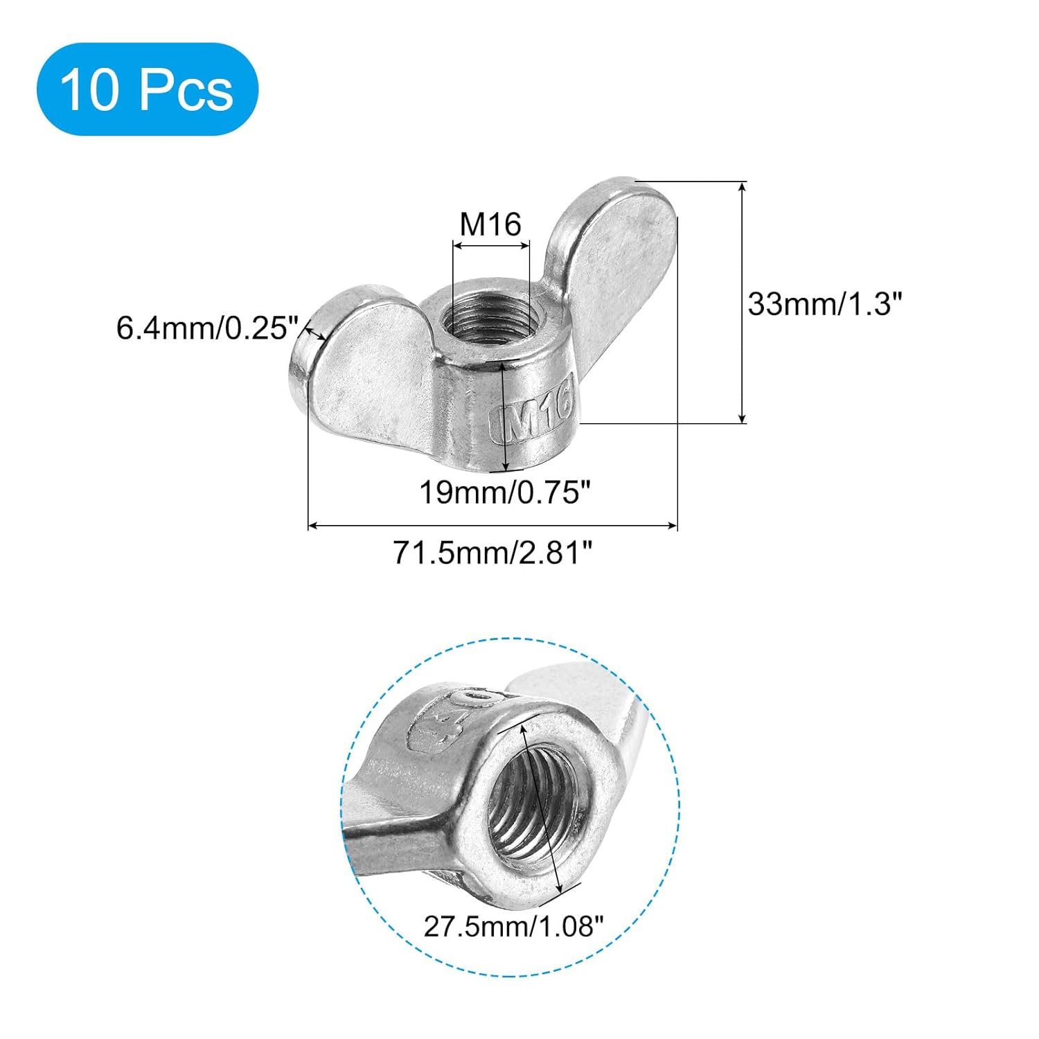 uxcell M16x2.0mm Wing Nut 10 Pcs, 304 Stainless Steel Butterfly Wing Nuts Fasteners Parts Hand Twist Tighten Wing Nuts for Machinery Electronic Equipment DIY, Silver