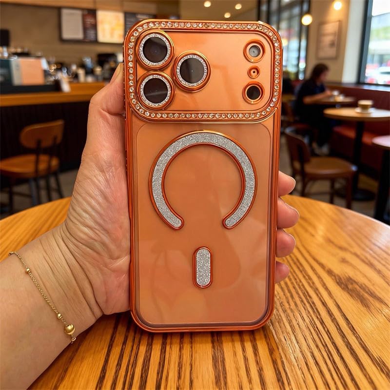 Image of DIZORO Compatible with (iPhone 17 Pro Max Case) Clear Luxury Diamond Glitter Case |Camera Lens Protector with Glitter Ring | Premium Shockproof Glossy Shiny Back Cover Case for Girls Women -Orange