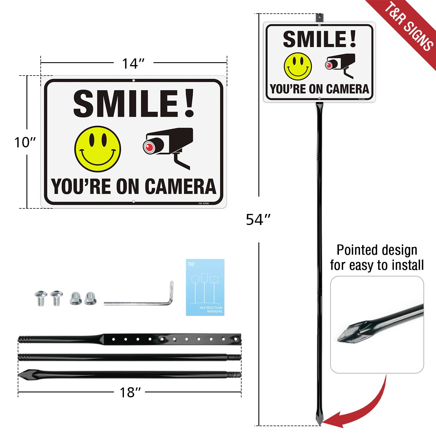 T&R Letrero de videovigilancia grande con estaca de 137 cm, 35,5 x 25,4 cm, aluminio libre de óxido .040, reflectante, impermeable y resistente a la decoloración, 2 agujeros preperforados, incluye