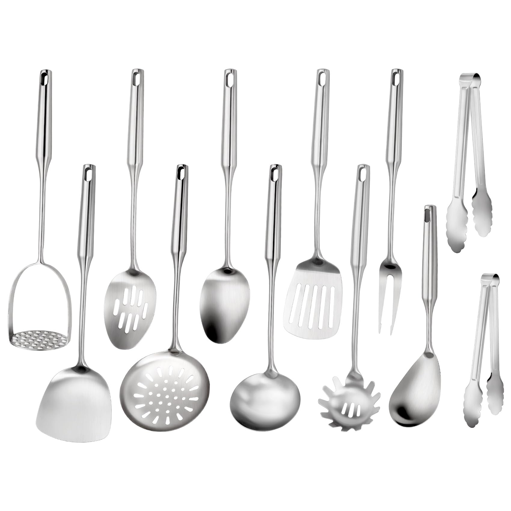 304 Edelstahl-Kochutensilien-Set, 12-teiliges langes Edelstahl-Küchenutensilien-Set, Metall-Kochutensilien-Set mit Kartoffelstampfer, Löffel, Schöpflöffel, Skimmer, Nudelheber usw. (spülmaschinenfest)