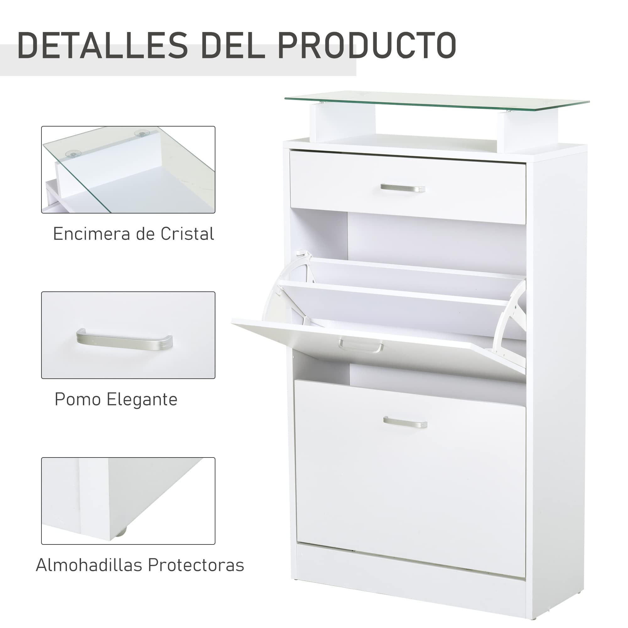 HOMCOM Mueble Zapatero Armario Zapatero con 3 Cajones Estante de Vidrio y Asa de Aluminio para Pasillo Entrada Carga 50 kg 60x24x105,5 cm Blanco