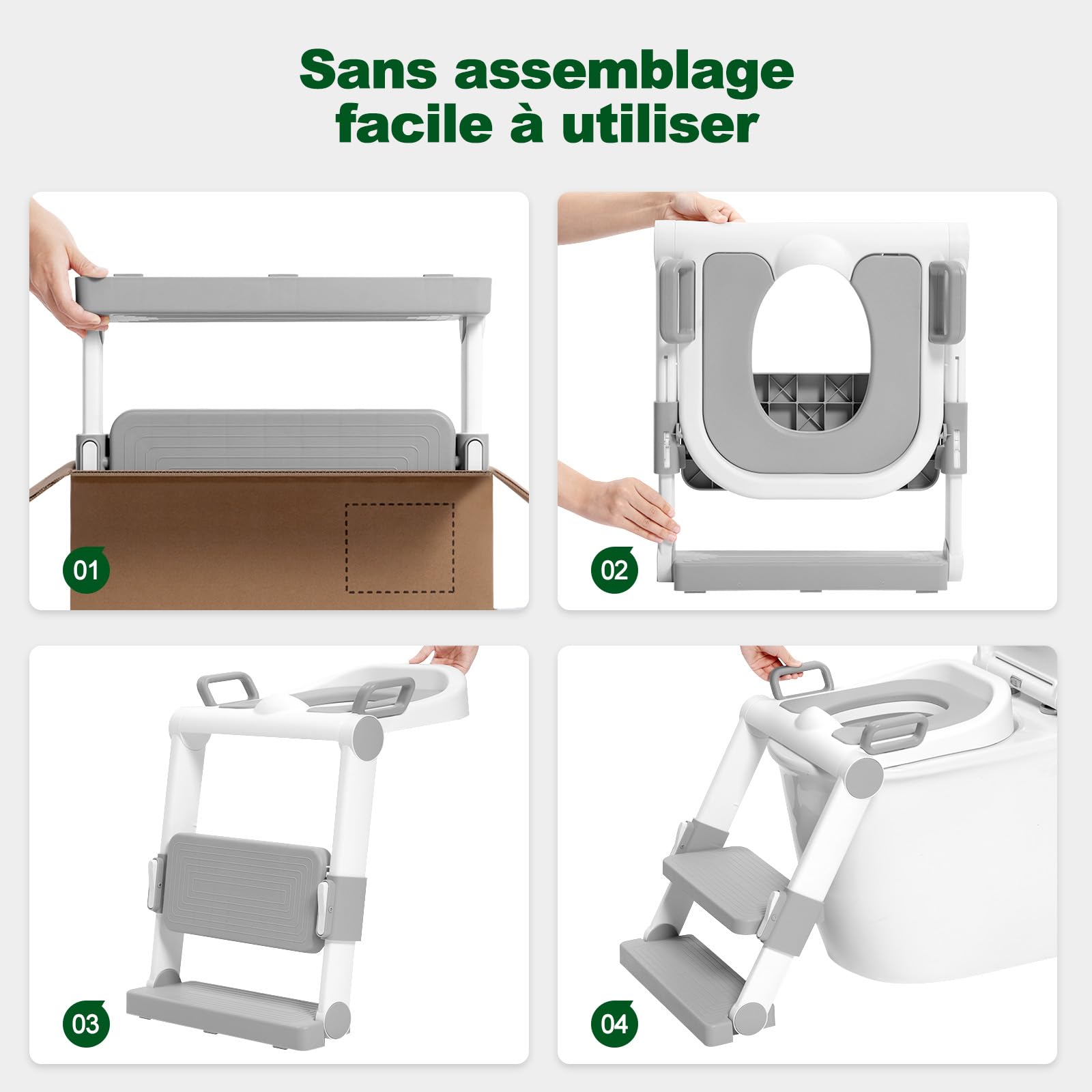 WOLTU Réducteur de Toilette pour Enfant avec Escabeau Pliable et Portable, Siège WC d'Apprentissage de la Propreté, Sans Montage, Marches Réglables en 2 Hauteurs, Coussinet Doux, Blanc + Gris