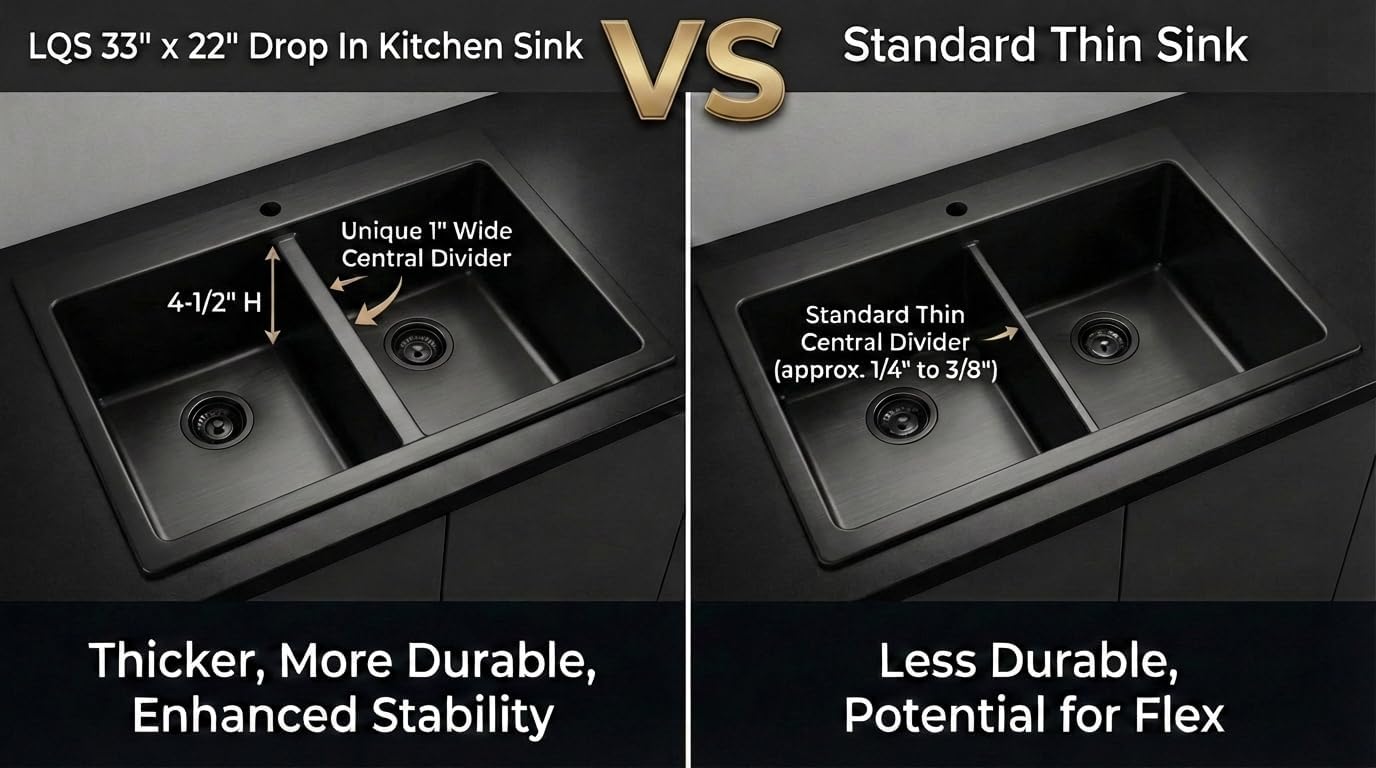 LQS Black Kitchen Sink, 33x22 Drop In Kitchen Sink Black, Top Mount Stainless Steel Sink, Large Capacity, 50/50 Double Bowl Sink with Unique Low-Divider Design For Easier Rinsing and Cleaning