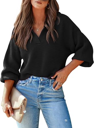 Mutitop Womens V Neck Oversized Sweater Collared Batwing Long Sleeve Ribbed Knit Pullover Casual Fall Chunky Sweater Top - Black XL