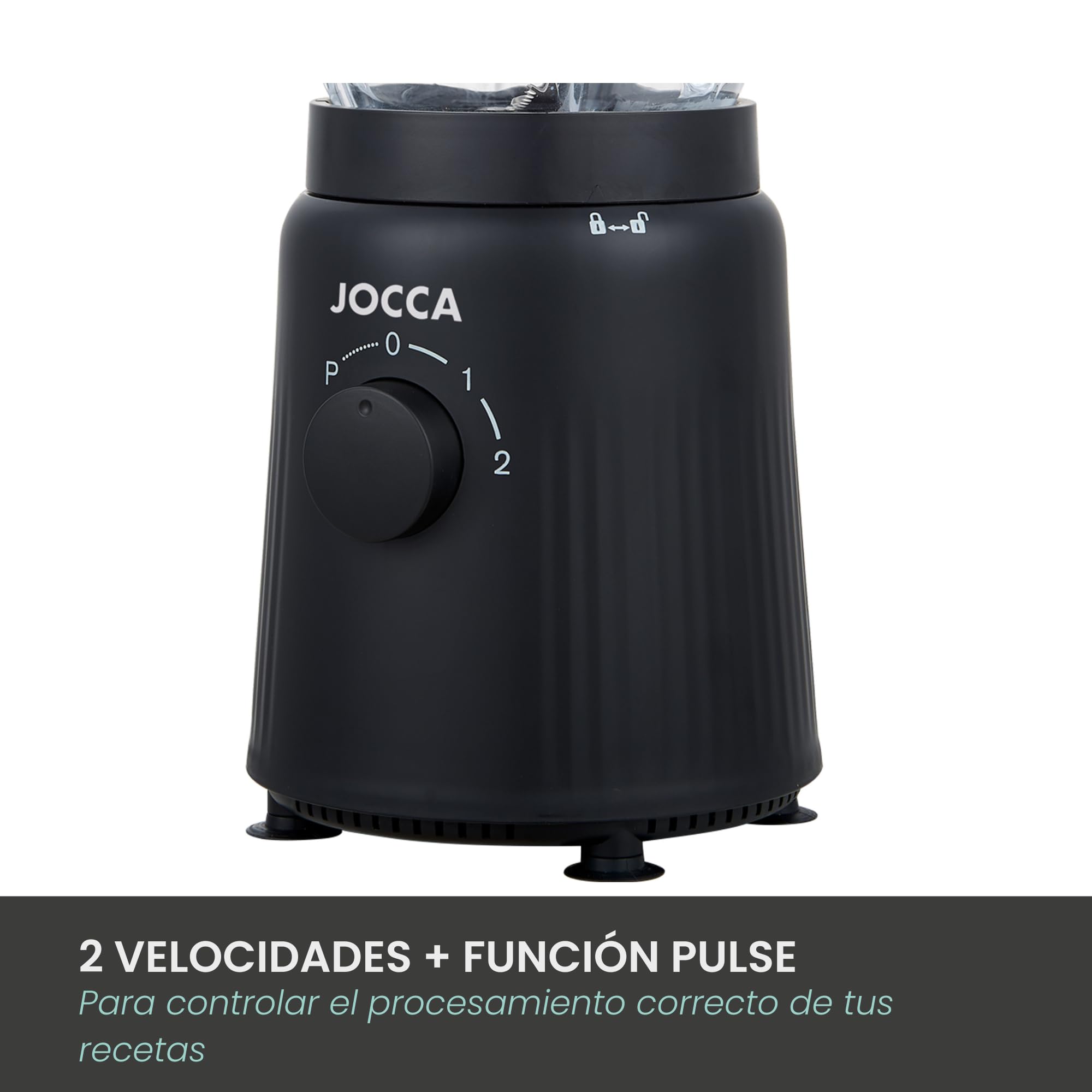 JOCCA - Batidora de Vaso con Jarra de Cristal 1,5L, 2 Velocidades + Pulse, Cuchillas de Acero Inoxidable, Sistema de Seguridad, Negro Mate, 1000W