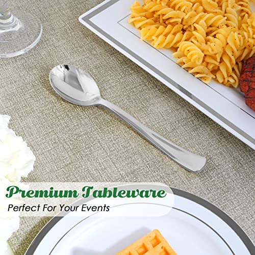 Focusline 300 Pack 6.8" Disposable Silver Plastic Spoons, Solid And Durable Plastic Cutlery Spoons, Heavy Duty Disposable Utensil Silverware For Catering, Parties, Dinners, Weddings #TOP3