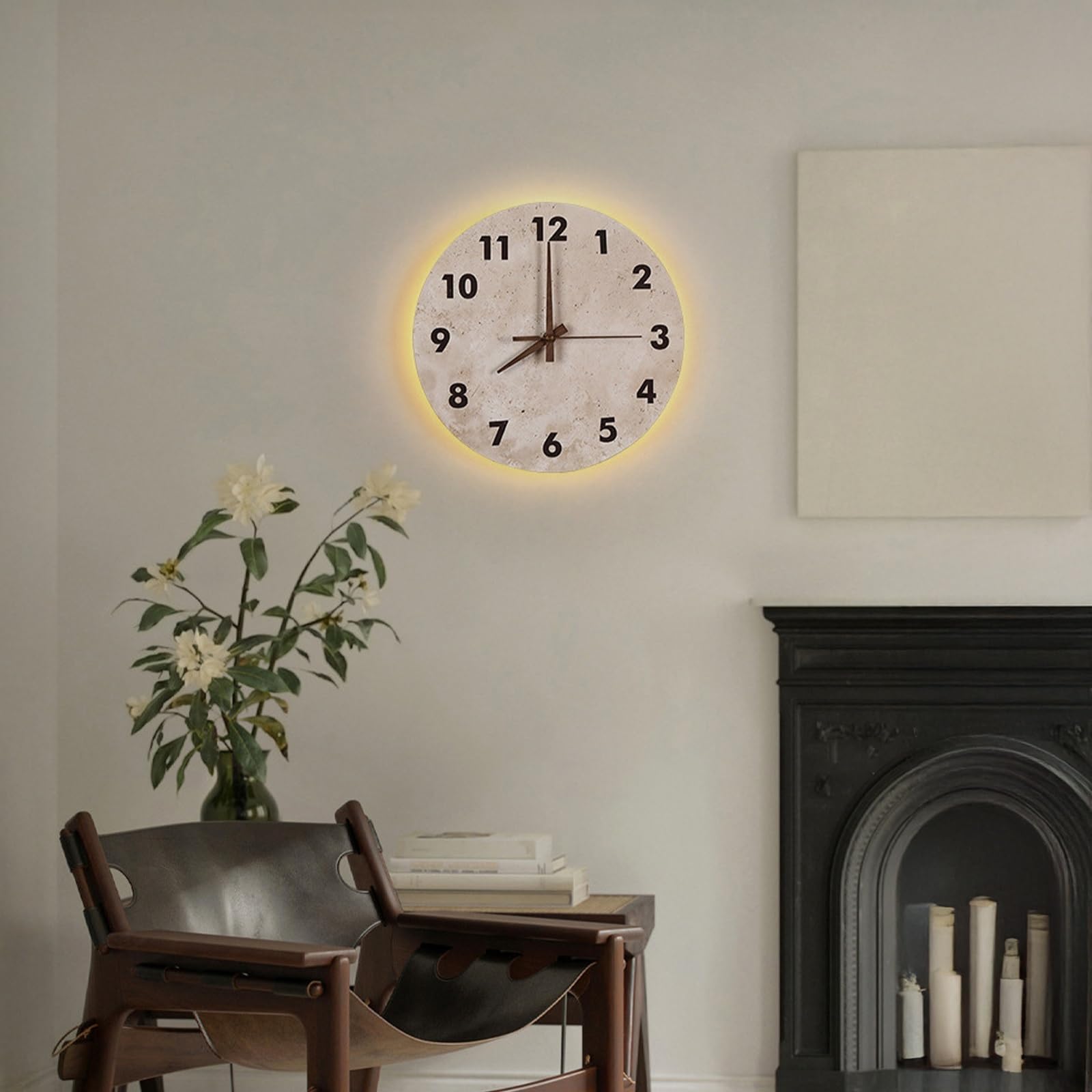 Applique Murale Ronde en Pierre, Horloge en travertin Naturel, 30 cm (12 Pouces) avec rétroéclairage LED et Aiguilles silencieuses en Noyer, Horloge décorative pour la Maison ou Le