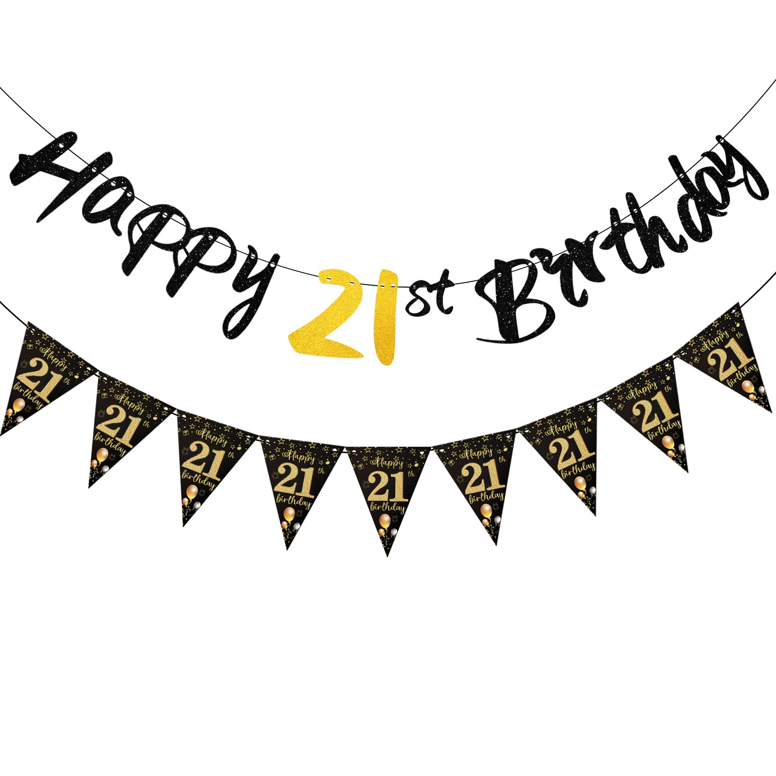21st Birthday Decoration Banners, Glitter Black Gold Happy 21st Birthday Party Decorations for Girls Boys, Triangle Flag Bunting Backdrop Parties Decs for Men Women Birthdays Milestone Celebrations