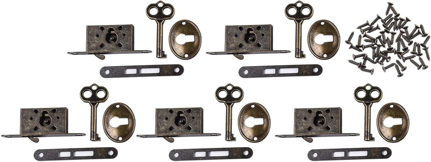 Antique Furniture Lock with Key, Retro Drawer Lock Wooden Jewelry Box Wardrobe Cabinet, Iron Sliding Door Latch Hardware, Silvery, 5.6cm, 5 Pack(5PCS)