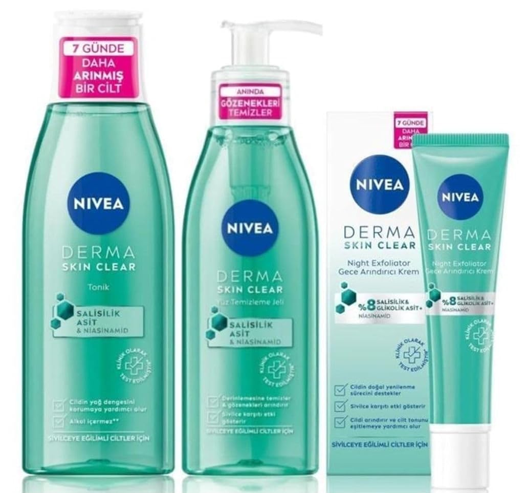 Nivea Derma Skin Clear Night Exfoliator-Sivilceli Ciltler Cilt Bakım Seti
