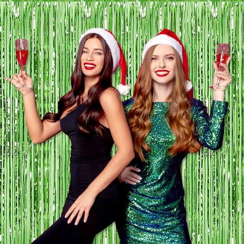 Image of 3 Pack Light Green Foil Fringe Curtains Backdrop, 3.28 x 9.8 Ft Metallic Streamers Tinsel Curtains Background for Photo Booth, Birthday, Halloween, Christmas, Thanksgiving, New Year Party Decorations