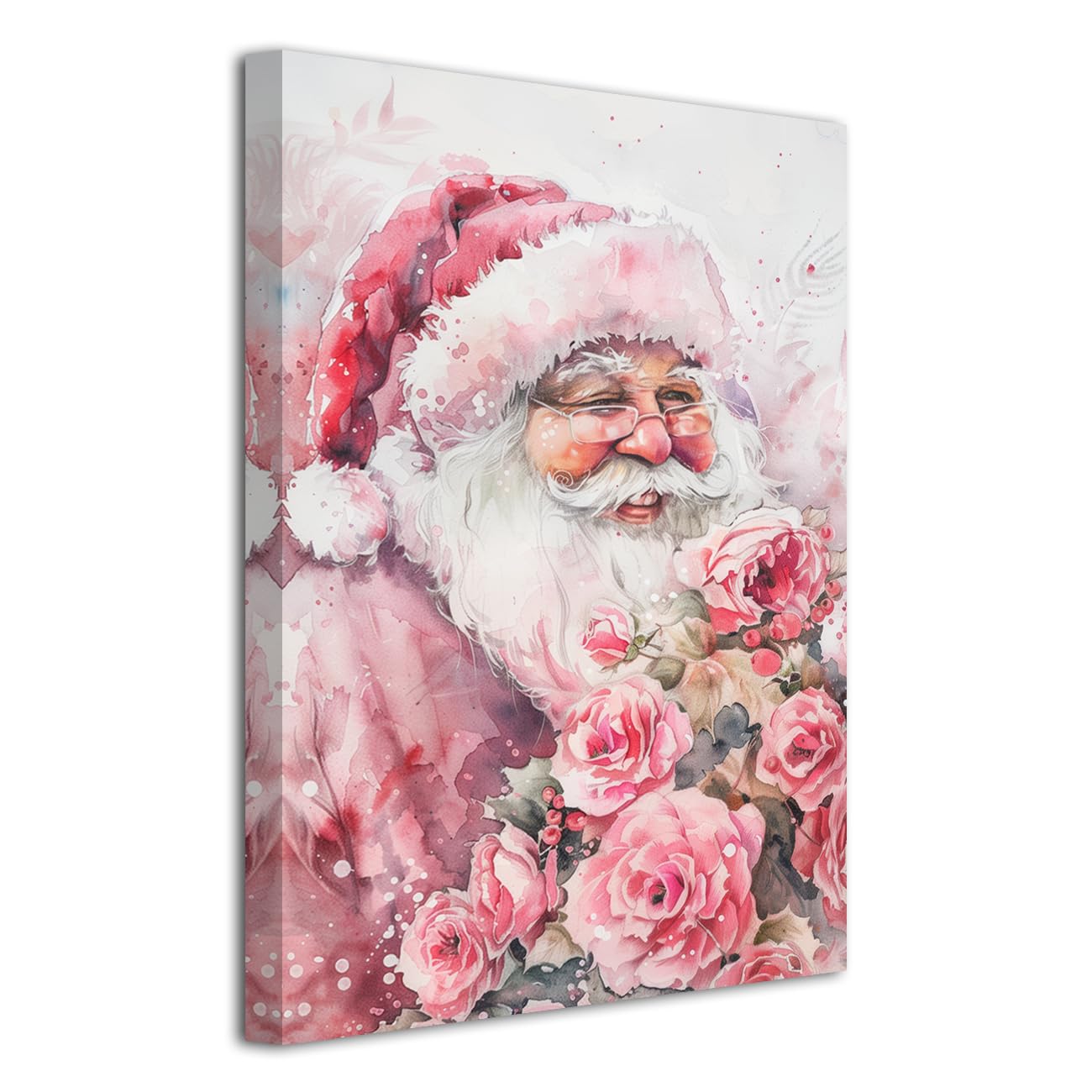 LZIMU Santa Claus Canvas Wall Art Christmas Wall Decor Santa Claus with Rose Flower Picture Prints Xmas Themed Poster New Year Decor Frame (Red, 18L x 12W)