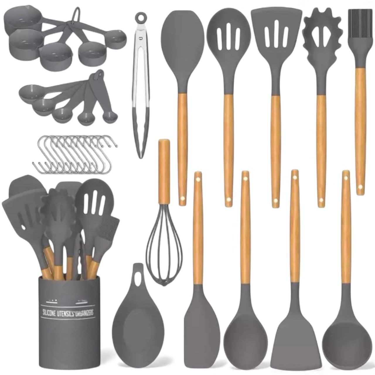 AHASON'S Set di 33 utensili da cucina in silicone antiaderente con supporto, manico in legno resistente al calore, set di utensili da cucina in silicone (grigio)