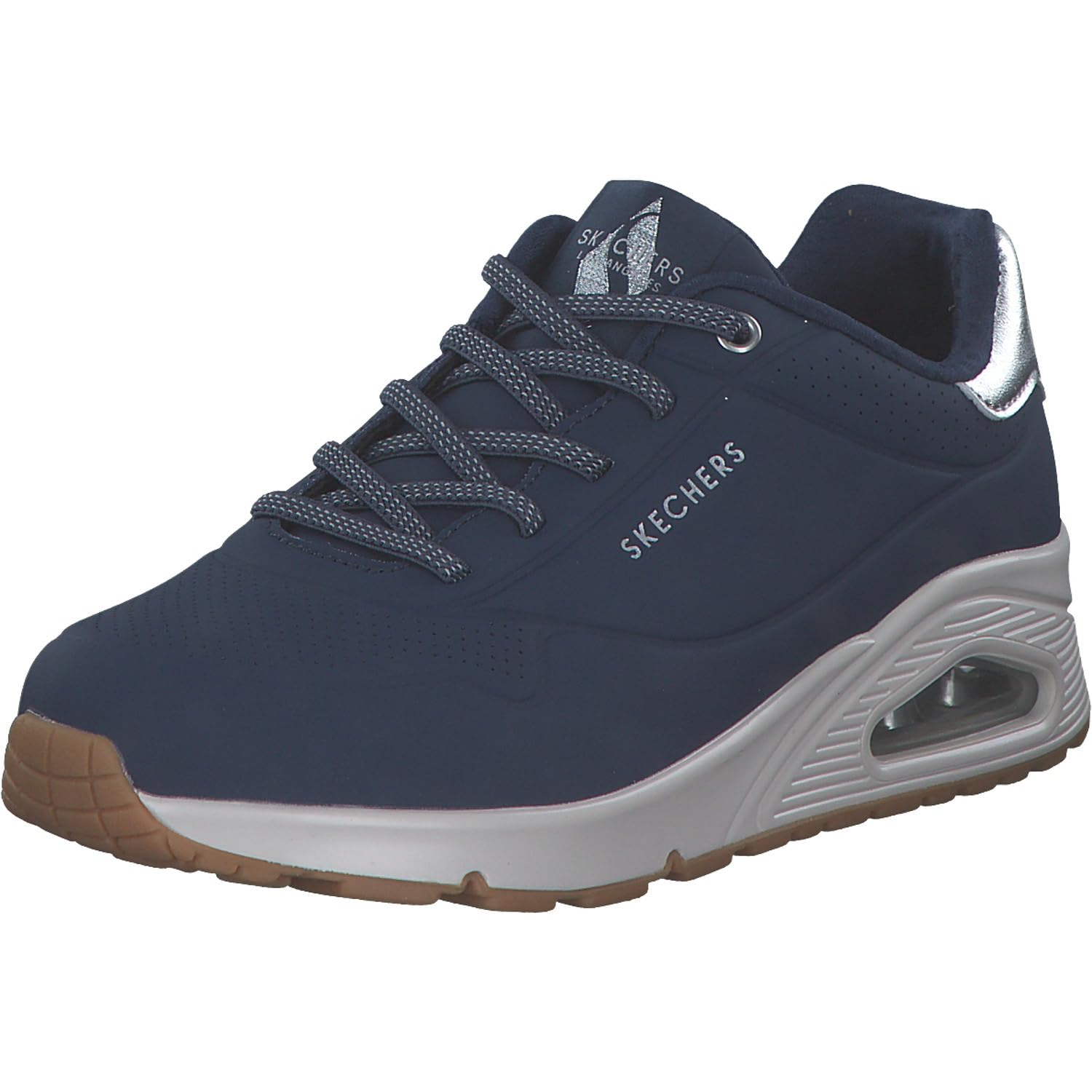 Skechers Women's Uno Shimmer Away Sneaker, Navy Durabuck/Rosegold Duraleather/Mesh Tri, 5.5 UK