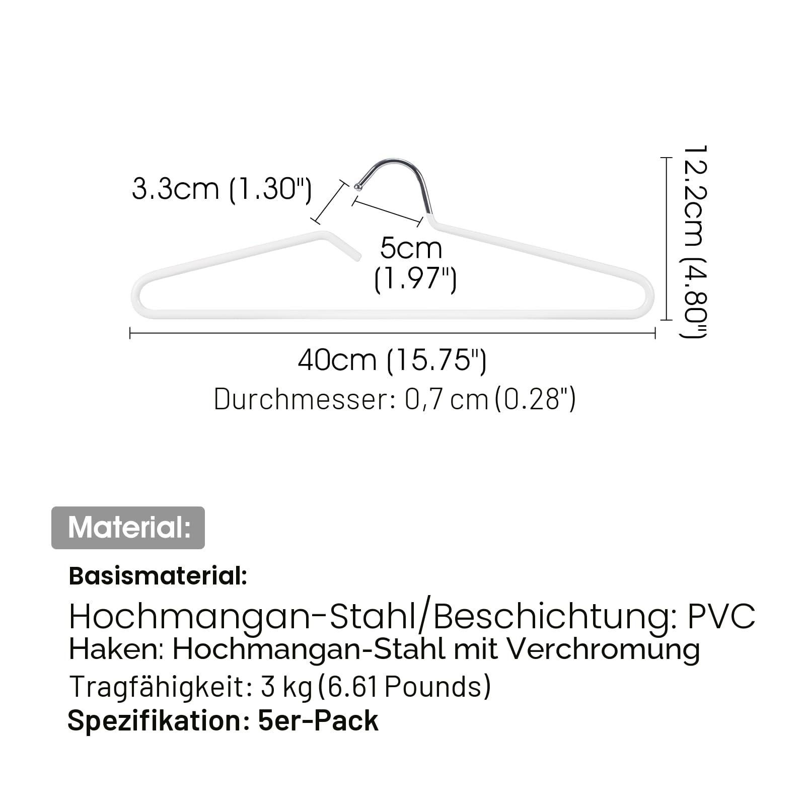 SHIMOYAMA Kleiderbügel, 5 Pack, Metall Kurzhals Kleiderbügel Organisers, Anti-Rutsch-Kragen-Schutz-Bügel für T-Shirts Kleid Jacke Platzsparend (Weiß)