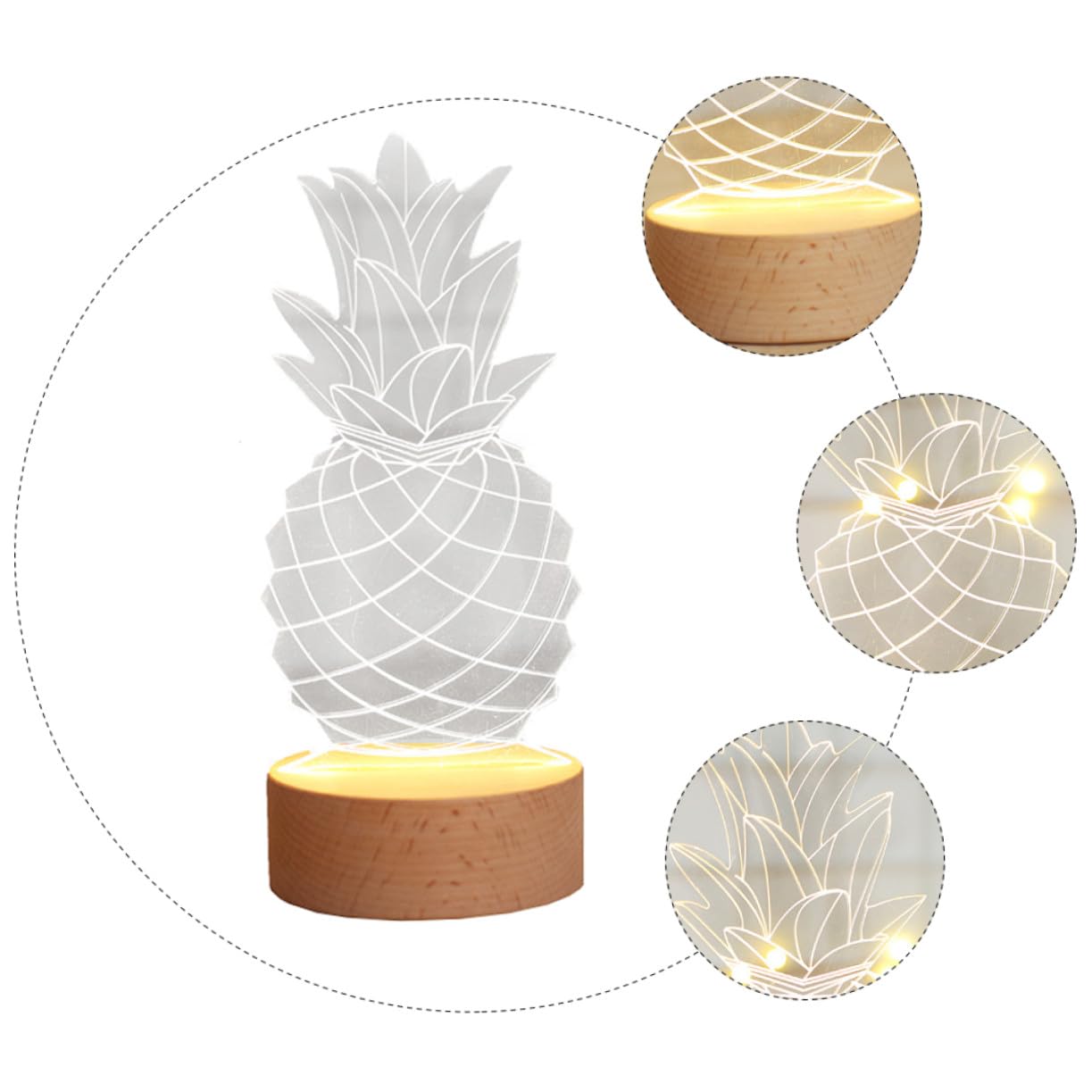 TEHAUX 3 Stck. Kreative Ananas LED Nachttischlampe mit Zartem Design und Langlebigem Material Dekoratives Nachtlicht für Wohnräume Geschenkidee Glattem Holzsockel Batteriebetrieben