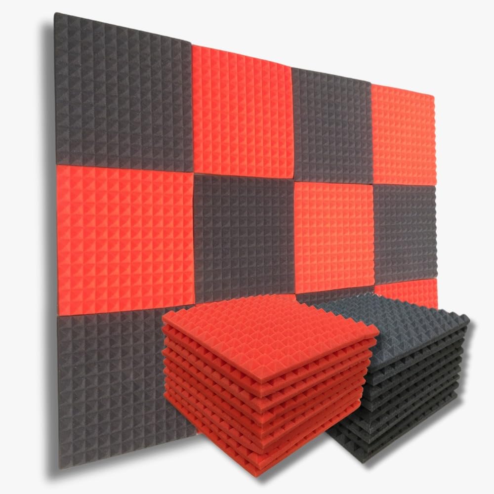 MMT Acoustix® New Soundproofing Pyramid+ Plus Acoustic Foam Panel |Pro Charcoal + Flame Red, 1x1 Feet, 1'' | Premium 50 Density Acoustic Foam, High Sound Absorption (18 Pieces)
