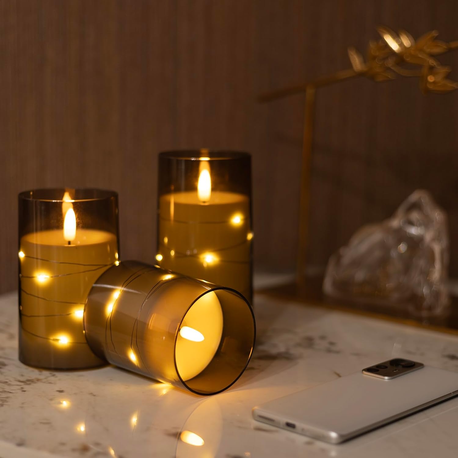 Flameless Candles with Timer - Battery Operated Candles with Remote, Durable Acrylic Glass Shell, with Embedded Star String for Romantic Ambiance and Home/Wedding Decoration (Set of 3, Grey)