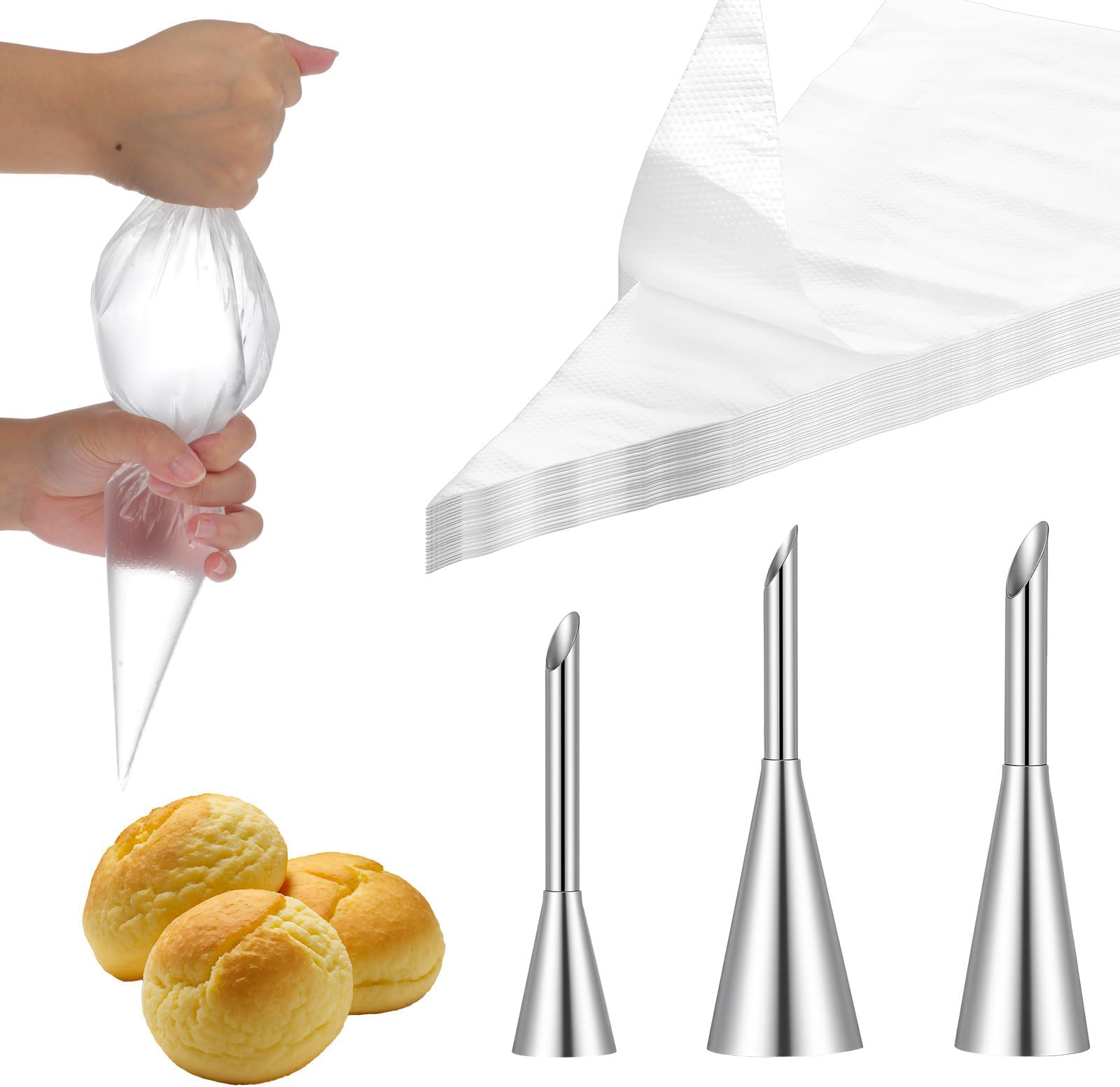 3 Pcs Puff Cream Filling Piping Tip Cupcake Filler Tool with 20 Disposable Pastry Bags Piping Nozzle Tips Kit for Filling Donuts Puff Cupcakes & Eclairs Cake Decorating Tools